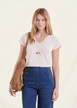 T-shirt écru En Coton Lin Manches Courtes