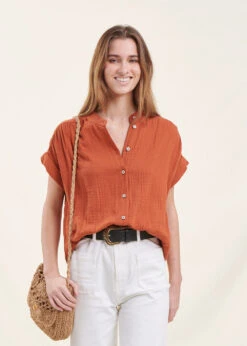 Chemisier Orange Ample En Gaze De Coton