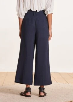 Pantalon Ample Bleu Foncé Taille Haute En Viscose Lin -Vêtements Soldes Magasin FF PA BARTOLI V 1424 b