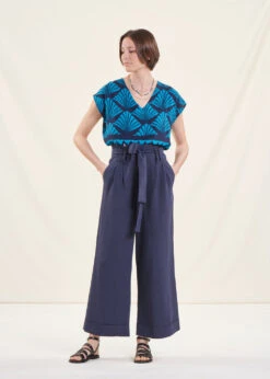 Pantalon Ample Bleu Foncé Taille Haute En Viscose Lin -Vêtements Soldes Magasin FF PA BARTOLI V 1424 c