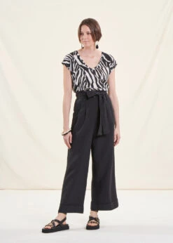 Pantalon Ample Noir Taille Haute En Viscose Lin -Vêtements Soldes Magasin FF PA BARTOLI V 700 c