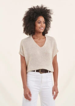 Pull Manches Courtes Beige Maille Irisée