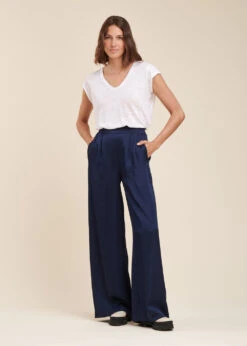 Pantalon Bleu Foncé Ample Fluide En Satin -Vêtements Soldes Magasin FG PA TONI R 1424 c