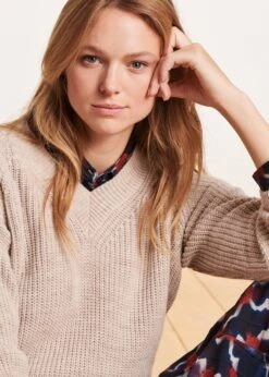 Pull Beige Encolure V En Maille Côtes Perlées -Vêtements Soldes Magasin FG PU TARAX 1493 6