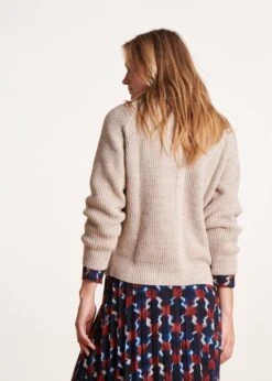 Pull Beige Encolure V En Maille Côtes Perlées -Vêtements Soldes Magasin FG PU TARAX 1493 b
