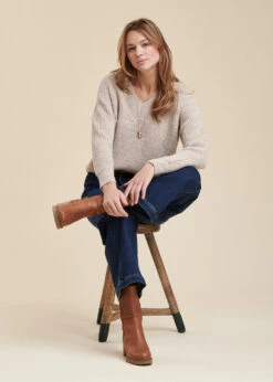 Pull Beige Encolure V En Maille Côtes Perlées -Vêtements Soldes Magasin FG PU TARAX 1493 c