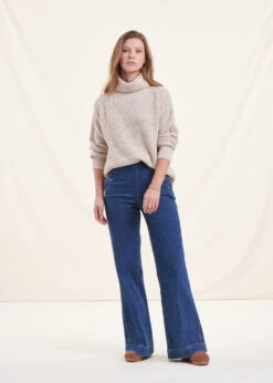 Pull Beige Col Boule En Maille Côtes Perlées -Vêtements Soldes Magasin FG PU TARIM 1493 c