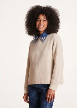Pull écru Encolure Ronde En Maille Côtes Perlées