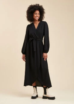 Robe Longue Faux Portefeuille Noire Manches Longues