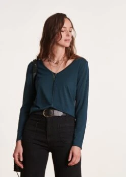 T-shirt Bleu Pétrole Encolure V