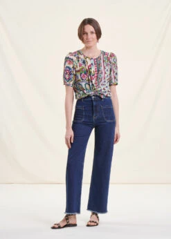 Chemise Vert D'eau à Fleurs Manches Courtes -Vêtements Soldes Magasin FH CH SILANA F 1578 c