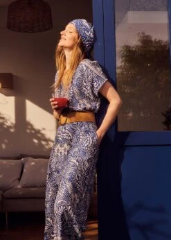 Combinaison Fluide Bleue Manches Courtes Imprimé Fleuri