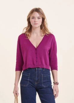 Gilet Court Violet Manches Longues Col V