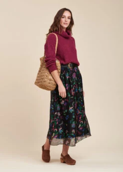 Jupe Longue Fluide Noire Fleurie Taille élastique -Vêtements Soldes Magasin FH JU LAURENZ J 700 c