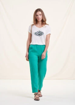 Pantalon Cigarette Vert Chlorophylle En Lin