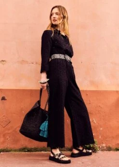 Pantalon Droit Noir En Broderie Anglaise Taille élastique