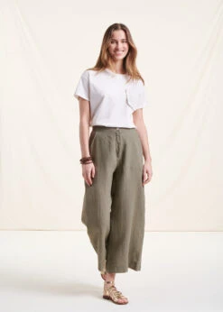 Pantalon Ample Kaki En Lin -Vêtements Soldes Magasin FH PA VROUM L 739 c