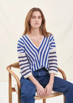 Pull Rayé Bleu Manches 3/4 Col V