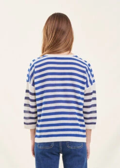 Pull Rayé Bleu Manches 3/4 Col V 10 Pull Rayé Bleu Manches 3/4 Col V -Vêtements Soldes Magasin FH PU DANAEE P 1563 b