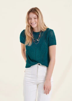 Pull Bleu Pétrole Manches Courtes Encolure Ronde