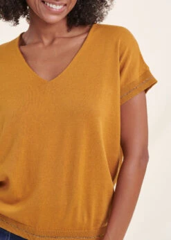 Pull Moutarde Manches Courtes Col V -Vêtements Soldes Magasin FH PU VOUTCH 148 6