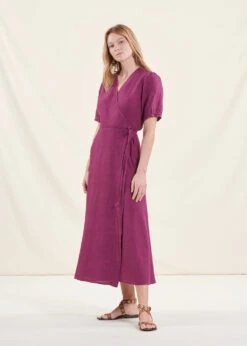 Robe Longue Portefeuille En Lin Violette 13 Robe Longue Portefeuille En Lin Violette -Vêtements Soldes Magasin FH RO PADAMA L 1488 c