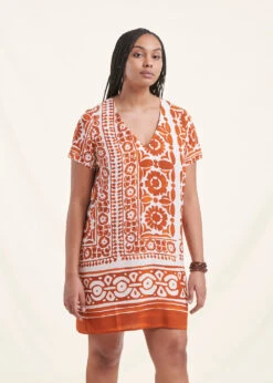 Robe Courte Orange Manches Courtes à Imprimé -Vêtements Soldes Magasin FH RO PERSIL A 153 c