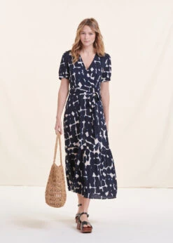 Robe Longue Cintrée Bohème Bleu Marine Manches Courtes