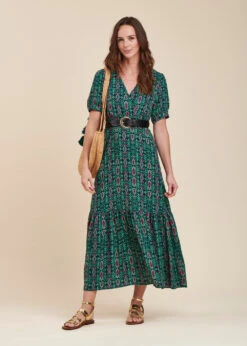 Robe Longue Cintrée Bohème Verte Manches Courtes Imprimé Ethnique