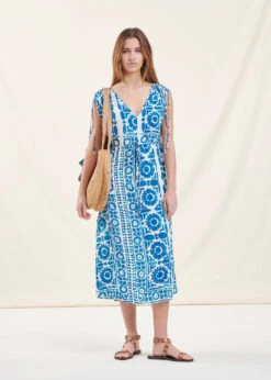 Robe Mi-longue Bleue à Imprimé
