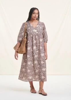 Robe Longue Bohème Marron En Voile De Coton à Manches 3/4 -Vêtements Soldes Magasin FH RO SUMMER A 702 c