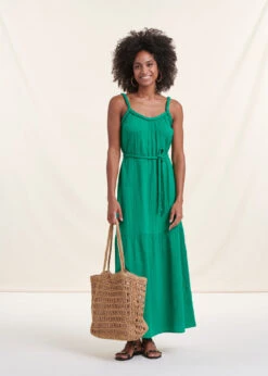 Robe Longue Verte à Bretelles En Gaze De Coton Biologique
