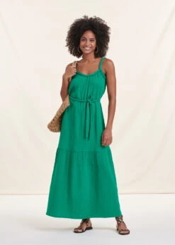 Robe Longue Verte à Bretelles En Gaze De Coton Biologique -Vêtements Soldes Magasin FH RO VALAK D 1549 c