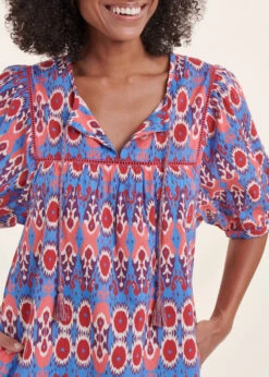 Robe Courte Bohème Bleu Et Rose En Coton Biologique Imprimé Ethnique -Vêtements Soldes Magasin FH RO VANALIS B 860 6