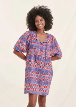 Robe Courte Bohème Bleu Et Rose En Coton Biologique Imprimé Ethnique -Vêtements Soldes Magasin FH RO VANALIS B 860 c