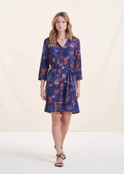 Robe Courte Bleue Manches 3/4 à Imprimé
