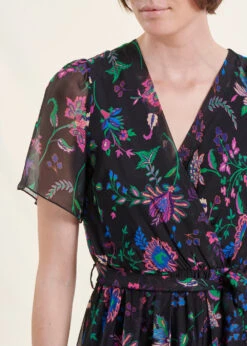 Robe Longue Bohême Noire En Voile Fleuri Manches Courtes -Vêtements Soldes Magasin FH RO VEOLA J 700 6