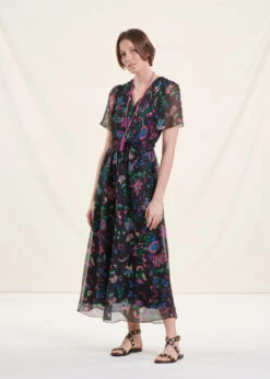 Robe Longue Bohême Noire En Voile Fleuri Manches Courtes -Vêtements Soldes Magasin FH RO VEOLA J 700 c