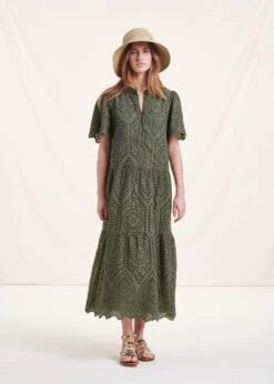 Robe Longue En Broderie Anglaise Kaki à Manches Courtes