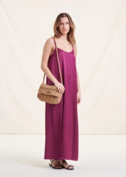 Robe Longue Fluide En Satin Violette à Bretelles -Vêtements Soldes Magasin FH RO VIROMA R 1488 c