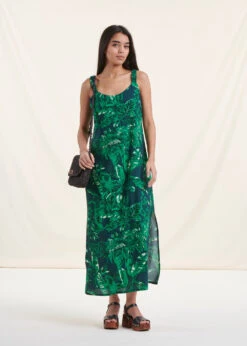 Robe Longue Bleu Et Vert à Bretelles Et Imprimé