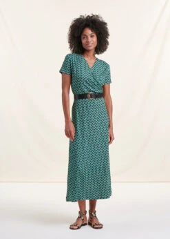 Robe Longue Verte Avec Drapé à Imprimé
