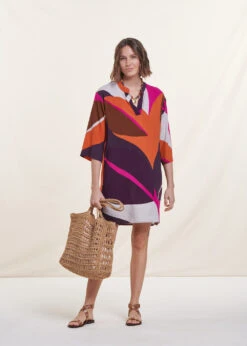 Robe Courte Ample à Imprimé Encolure Tunisienne