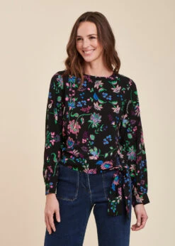 Top Noir Ample Manches Longues Fleuri Encolure Ronde