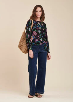 Top Noir Ample Manches Longues Fleuri Encolure Ronde -Vêtements Soldes Magasin FH TO TALPH J 700 c