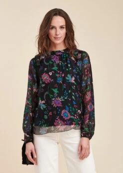 Top Noir Fluide Manches Longues En Voile Fleuri