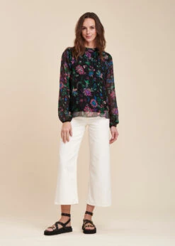 Top Noir Fluide Manches Longues En Voile Fleuri -Vêtements Soldes Magasin FH TO TULE J 700 a