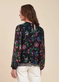 Top Noir Fluide Manches Longues En Voile Fleuri -Vêtements Soldes Magasin FH TO TULE J 700 b