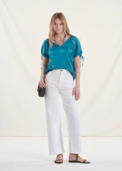 Top Bleu Oversize En Satin Manches Courtes -Vêtements Soldes Magasin FH TO VALI R 1381 c