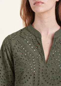 Top Kaki En Broderie Anglaise à Manches 3/4 -Vêtements Soldes Magasin FH TO VAZARE B 1554 6
